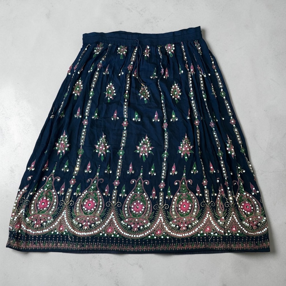 India Shisha Mirror Embroidered Maxi Skirt Boho Festival Hippie Navy Gypsy L/XL - Picture 3 of 7